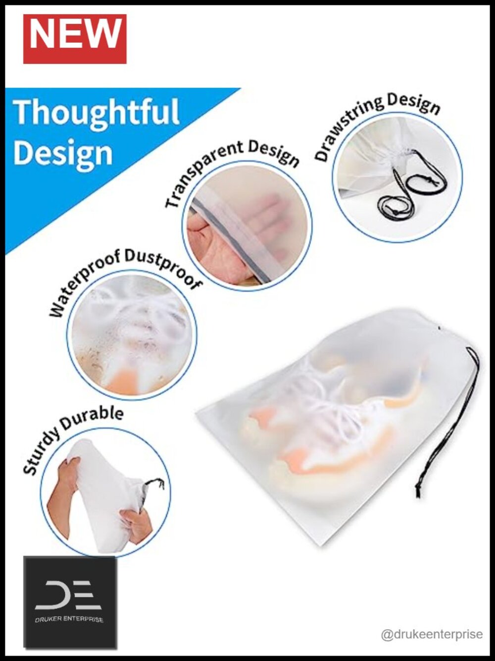Waterproof Clear Drawstring Shoe Bags for Travel Storage Packing 5 Pack